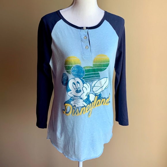 Disney Parks Womens Top Disneyland Mickey Mouse 3/4 Sleeve Henley Raglan Blue M - Picture 2 of 9